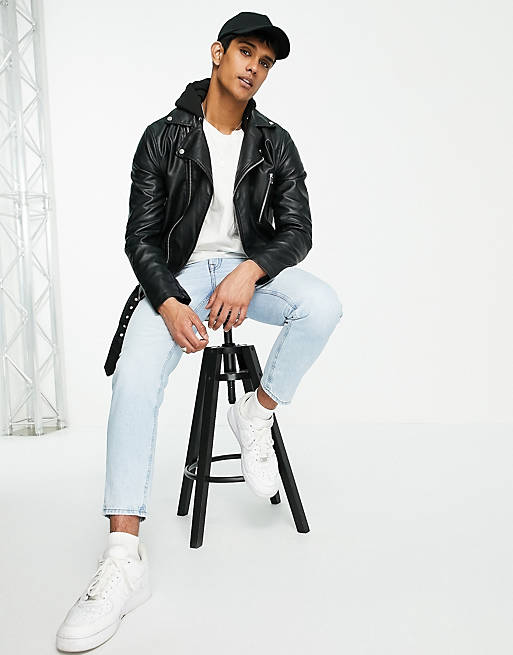 River Island faux leather biker jacket with hood in black | ASOS