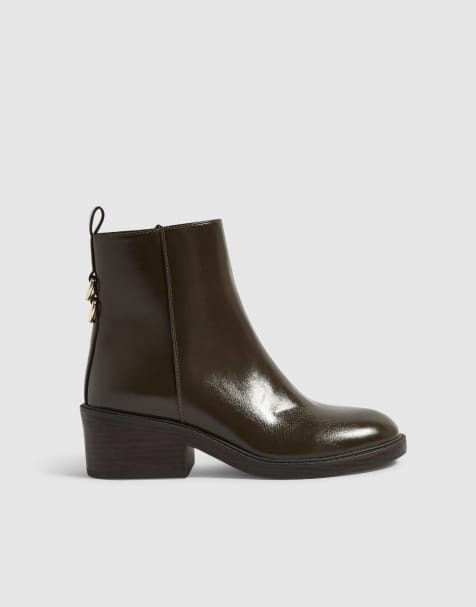 River Island Faux leather block heel ankle boots in green - view 1