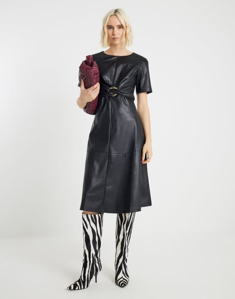 River Island Faux leather buckle detail swing dress in black - view 1