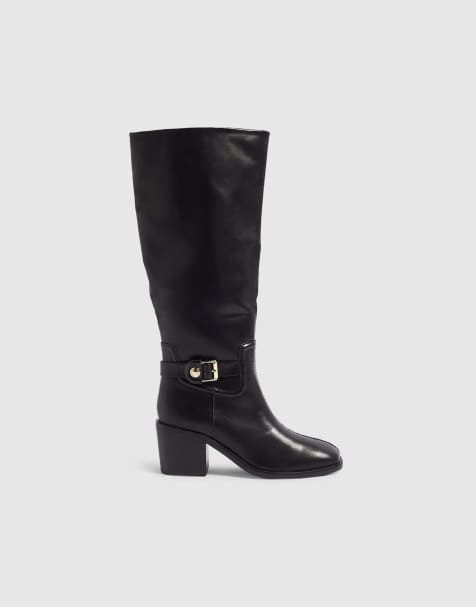 River Island Faux leather buckle high leg boots in black - view 1