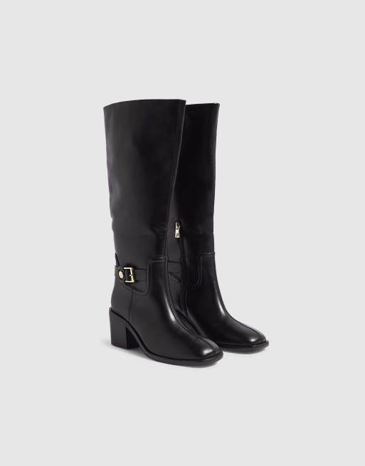 River Island Faux leather buckle high leg boots in black, 2 of 4