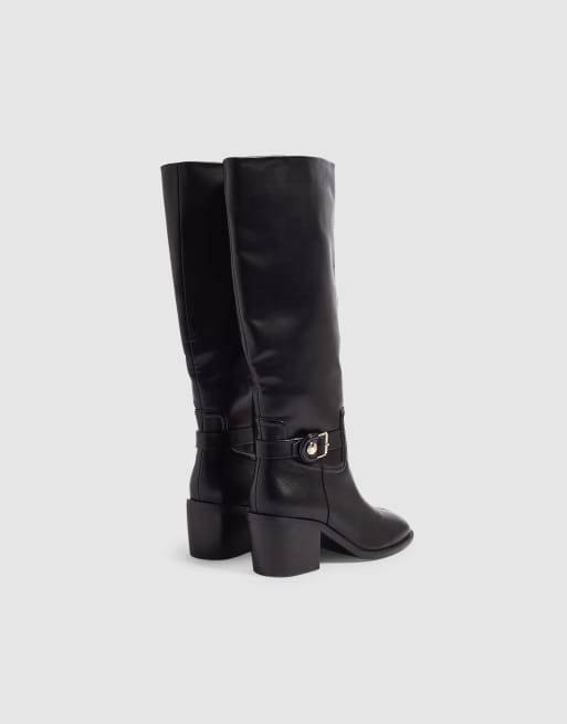 River Island Faux leather buckle high leg boots in black, 4 of 4