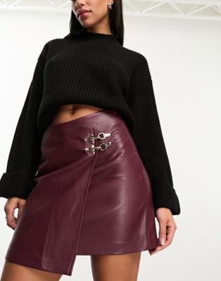 River Island Faux leather buckle wrap mini skirt in red - dark - ASOS Price Checker