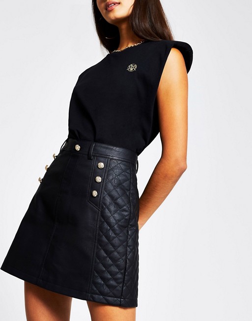 River Island faux leather button front mini skirt in black