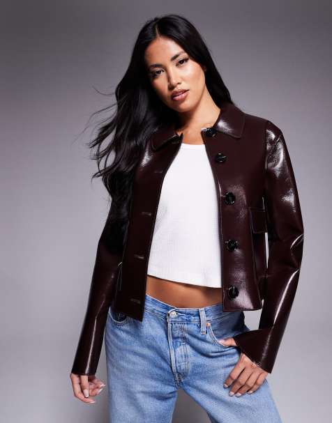River Island faux leather button through jacket in burgundy - view 1