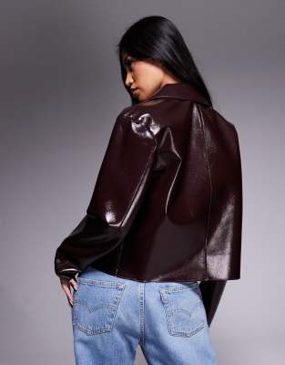 River Island Faux Leather Button Up Jacket In Burgundy