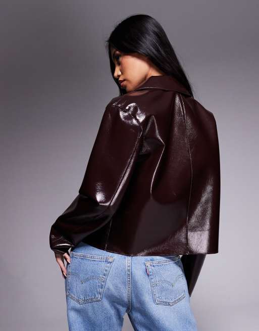 River Island faux leather button up jacket in burgundy 