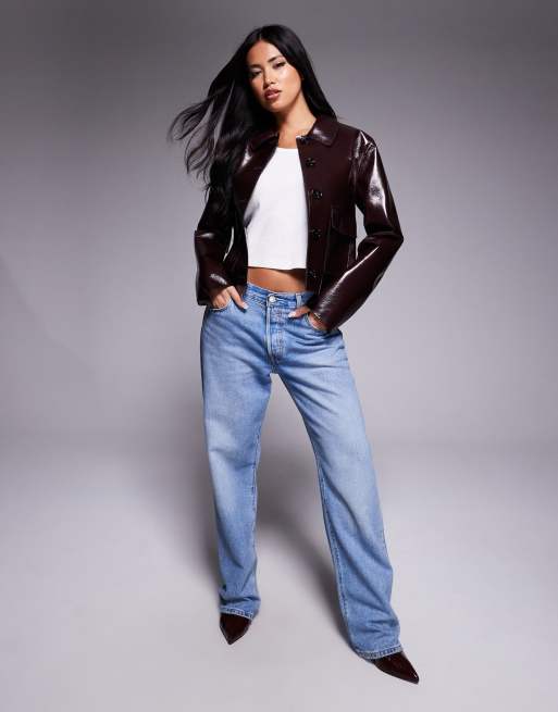 River Island faux leather button up jacket in burgundy 