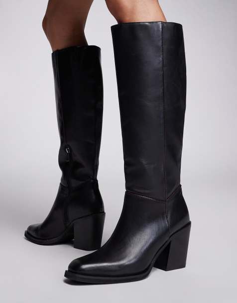 River Island faux leather clean knee high boots in black - view 1