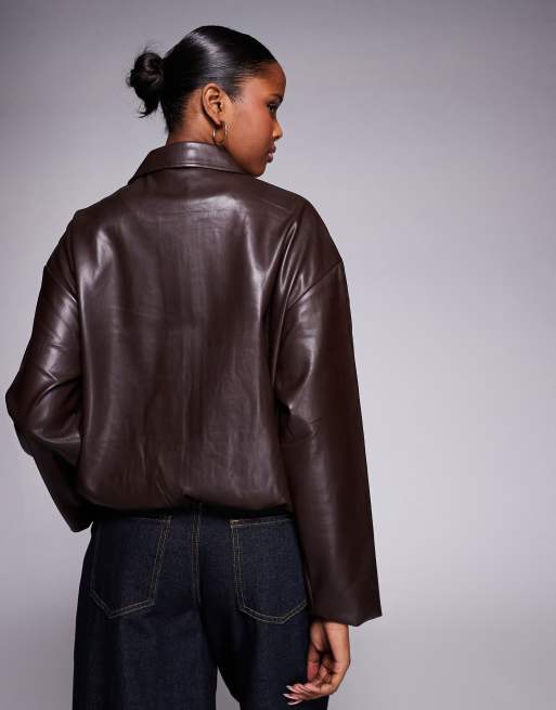 River Island faux leather collared bomber in dark brown, 3 of 4