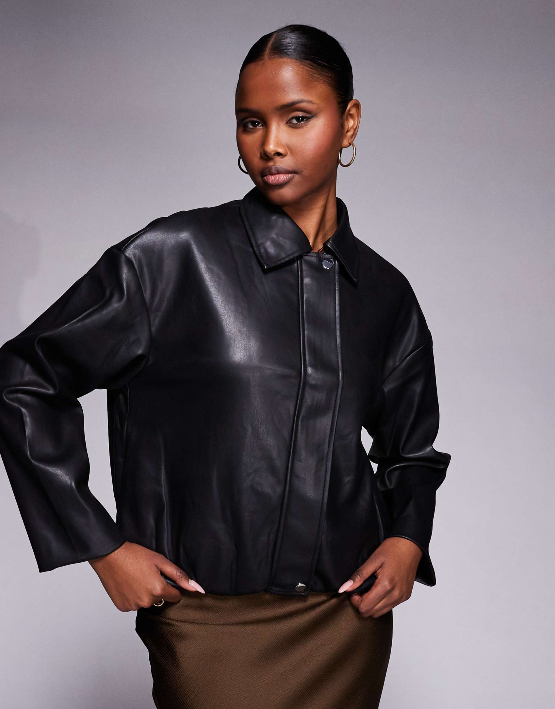 river island faux leather collared bomber jacket in black