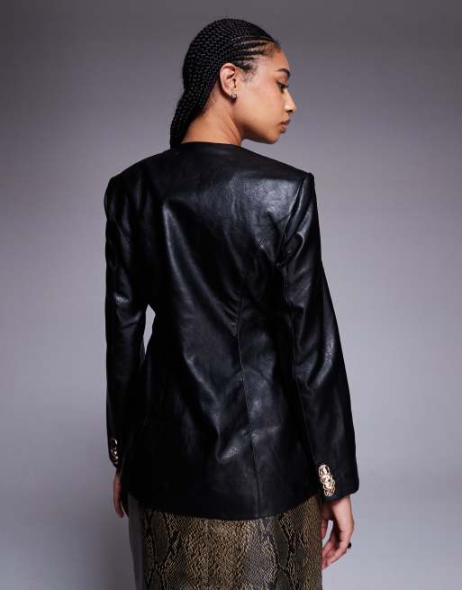 River Island faux leather collarless jacket with gold buttons in black, 2 of 4