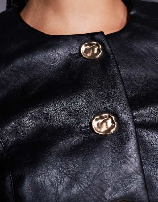 River Island faux leather collarless jacket with gold buttons in black, 4 of 4