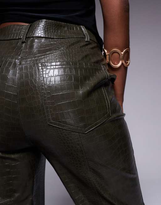 River Island faux leather croc cropped pants in dark green ASOS