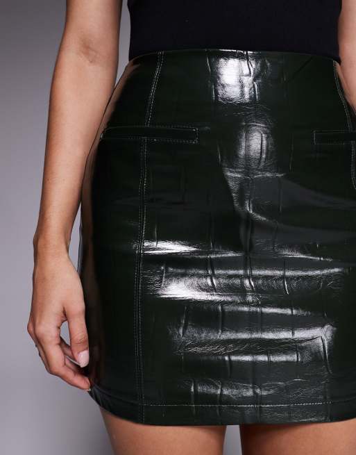 River Island faux leather croc pocket detail mini skirt in dark green