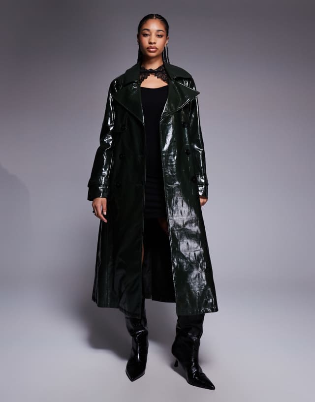 River Island faux leather croc trench coat in dark green | ASOS