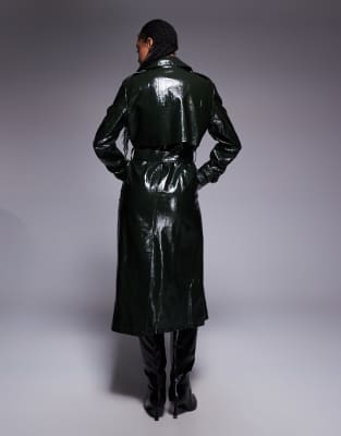 River Island Faux Leather Croc Trench Coat In Black