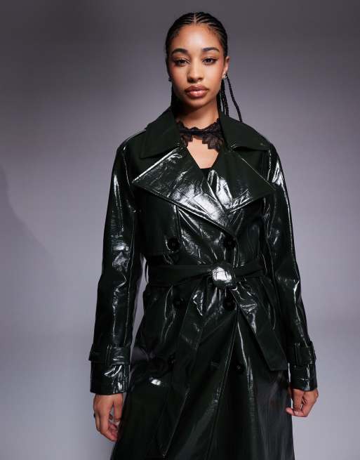 River Island faux leather croc trench coat in dark green | ASOS