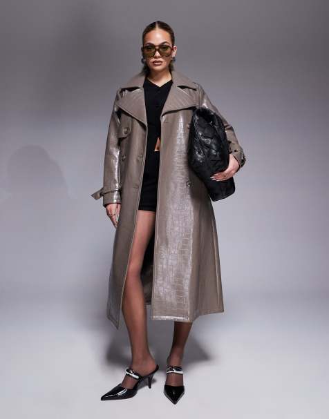 River Island faux leather croc trench coat in dark stone - view 1