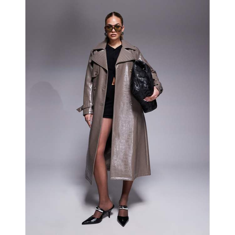 River Island faux leather croc trench coat in dark stone | ASOS