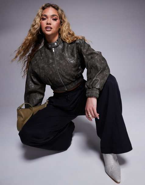 River Island faux leather crop bomber in dark gray - view 1