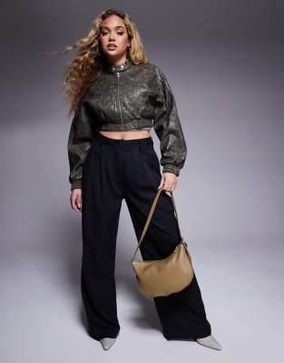 River Island Faux Leather Crop Bomber In Gray