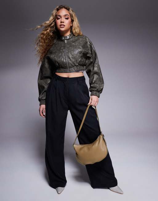 River Island faux leather crop bomber in dark gray
