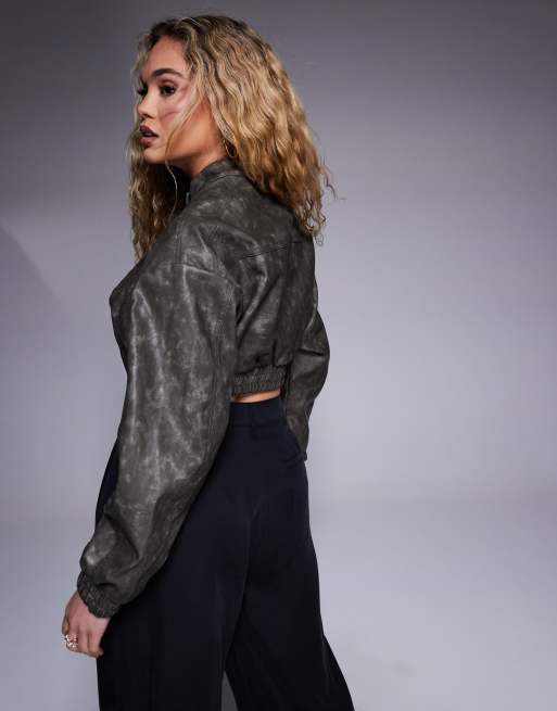 River Island faux leather crop bomber in dark gray