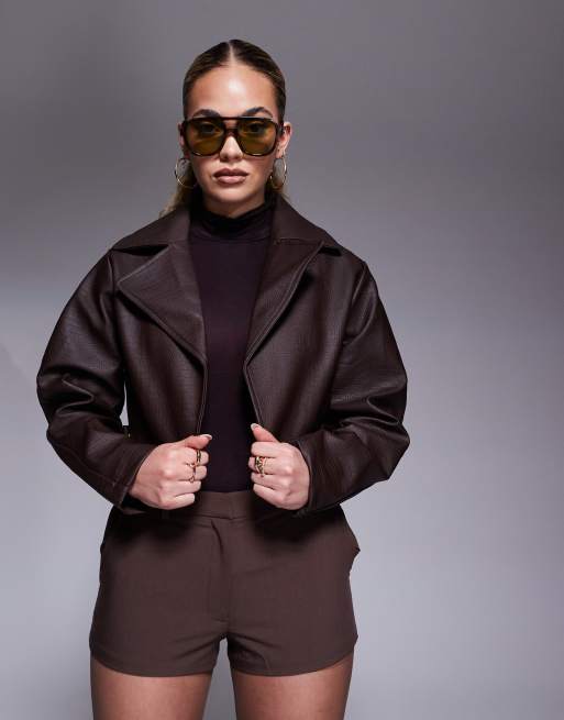 River Island faux leather crop jacket with balloon sleeves in dark