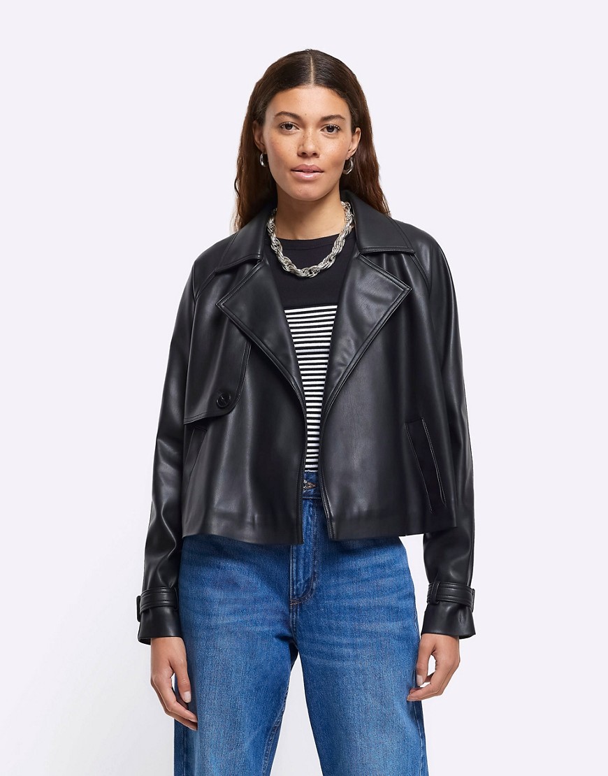 River Island Faux leather crop trench coat in black