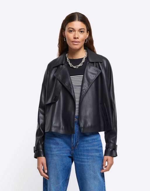 River Island Faux leather crop trench coat in black | ASOS