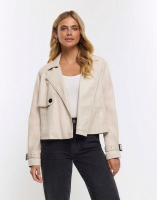 River Island Faux leather crop trench coat in cream