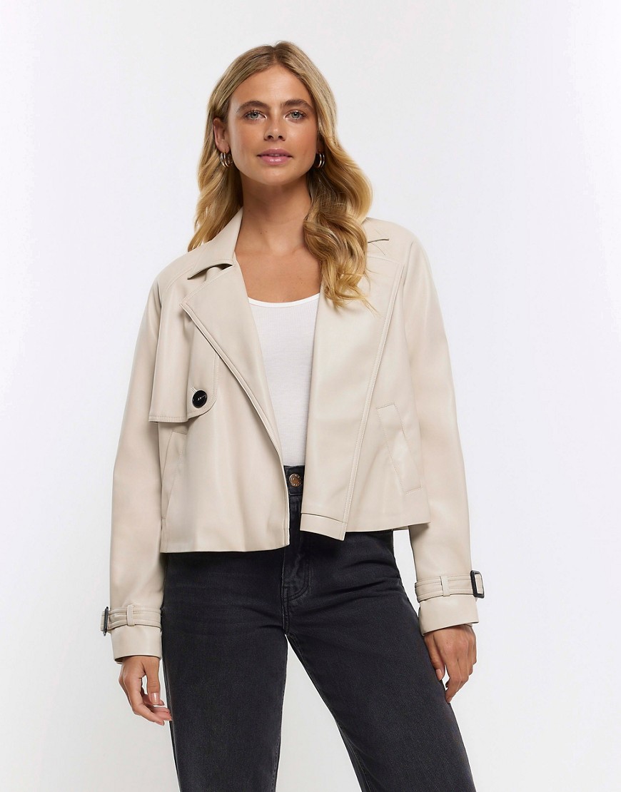 River Island Faux leather crop trench coat in cream-White
