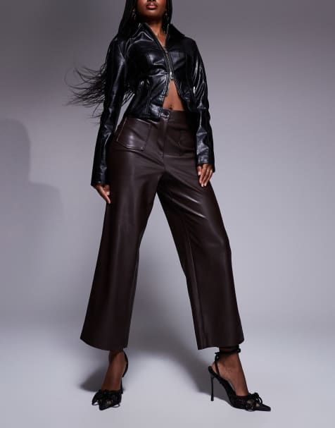 River Island faux leather crop trouser in dark brown - view 1