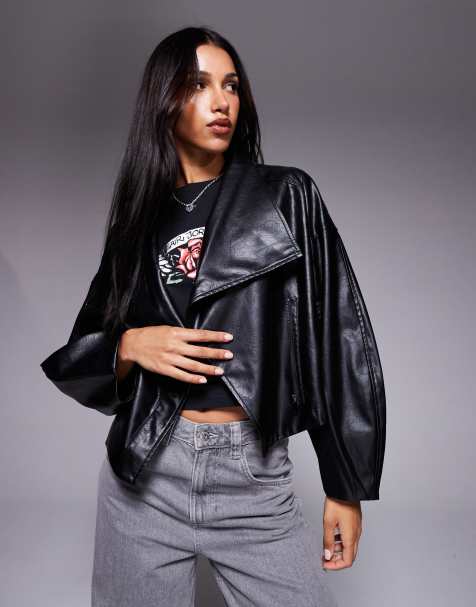 River Island faux leather cropped biker jacket in black 