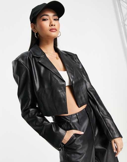 River Island faux leather cropped blazer jacket in black