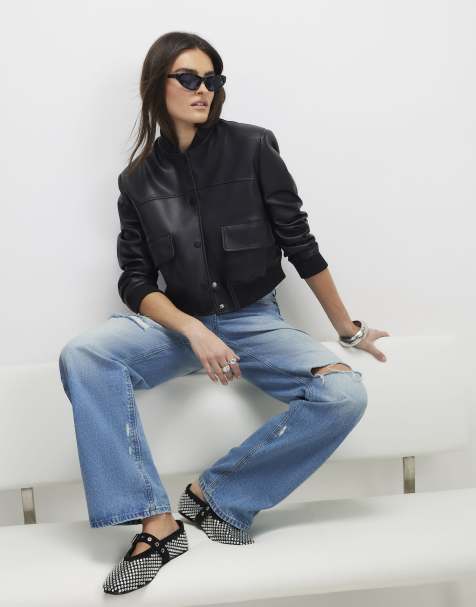 River Island Faux leather cropped bomber jacket in black - view 1