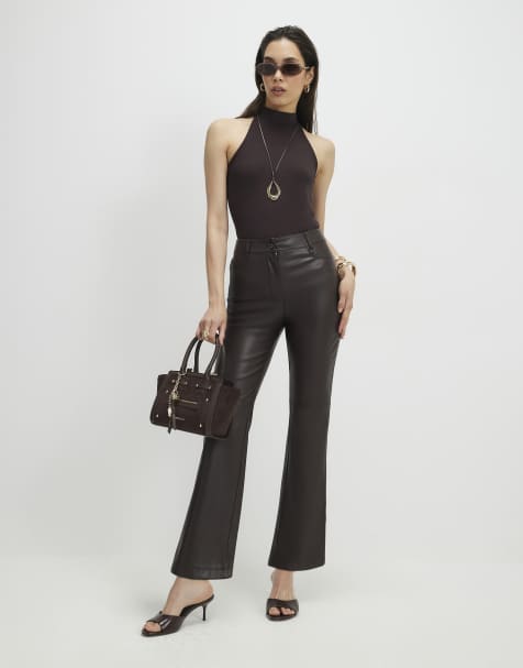 River Island Faux leather cropped flared trousers in brown - dark - view 1