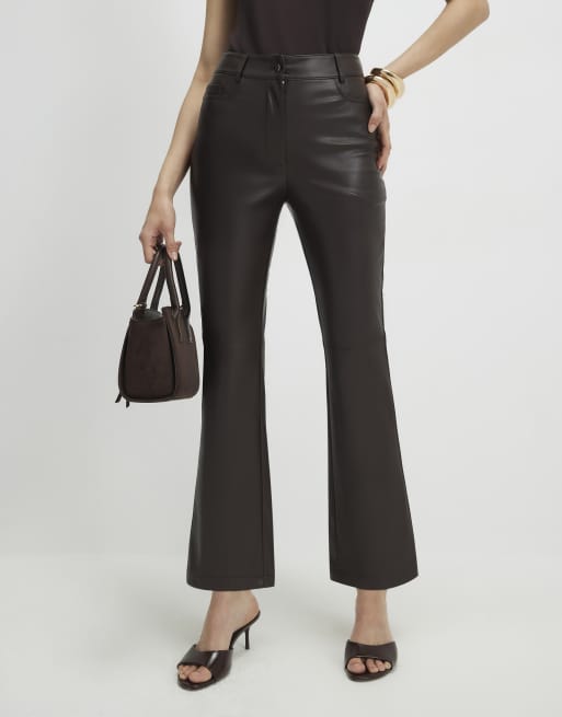 River Island Faux leather cropped flared trousers in brown - dark, 3 of 4