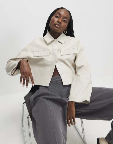 River Island Faux leather cropped overshirt in cream