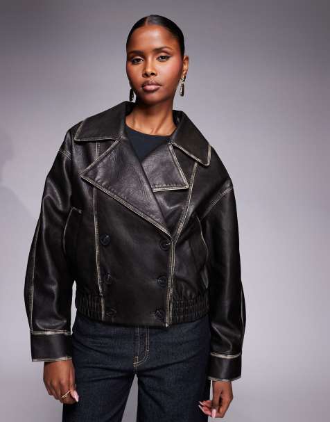 River Island faux leather cropped trench jacket in black