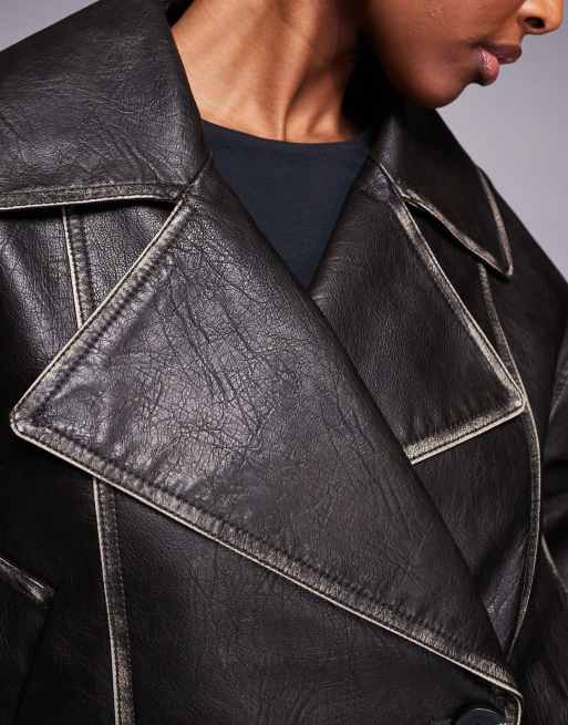 River Island faux leather cropped trench jacket in black | ASOS