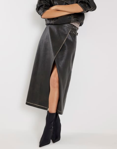 River Island Faux leather distressed wrap midi skirt in black - view 1