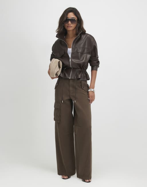 River Island Faux leather drawstring funnel jacket in brown , 2 of 4