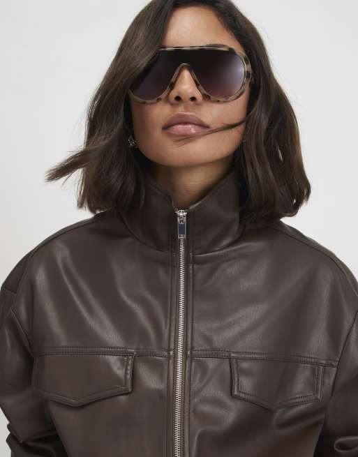 River Island Faux leather drawstring funnel jacket in brown , 3 of 4