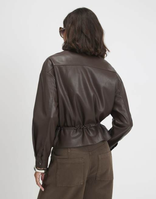 River Island Faux leather drawstring funnel jacket in brown , 4 of 4
