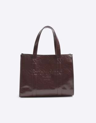 River Island Faux leather embossed shopper bag in burgundy-Red