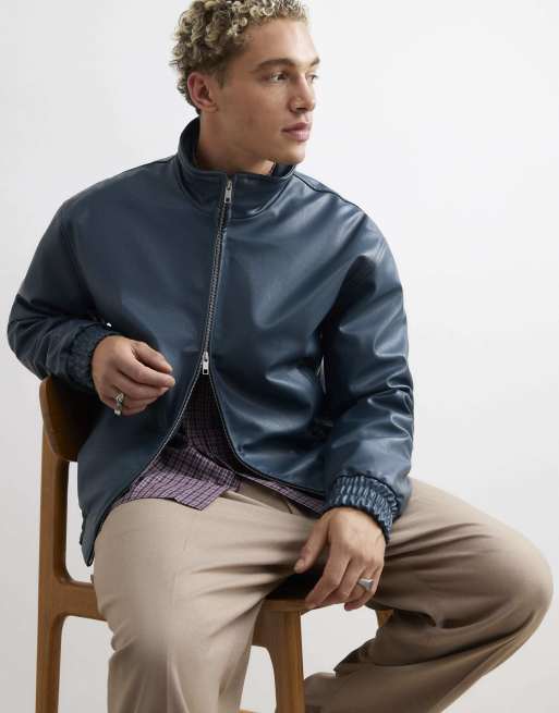 River Island Faux leather embroidered bomber jacket in blue - dark, 3 of 4