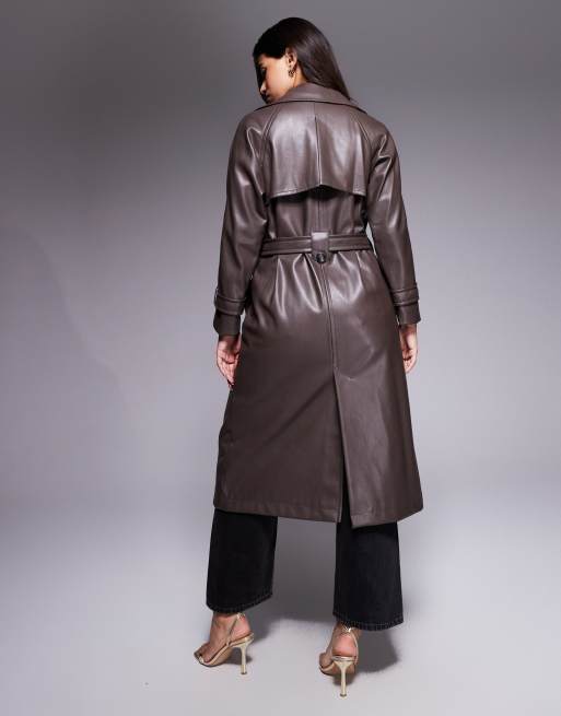 River Island faux leather faux leather trench coat in dark brown