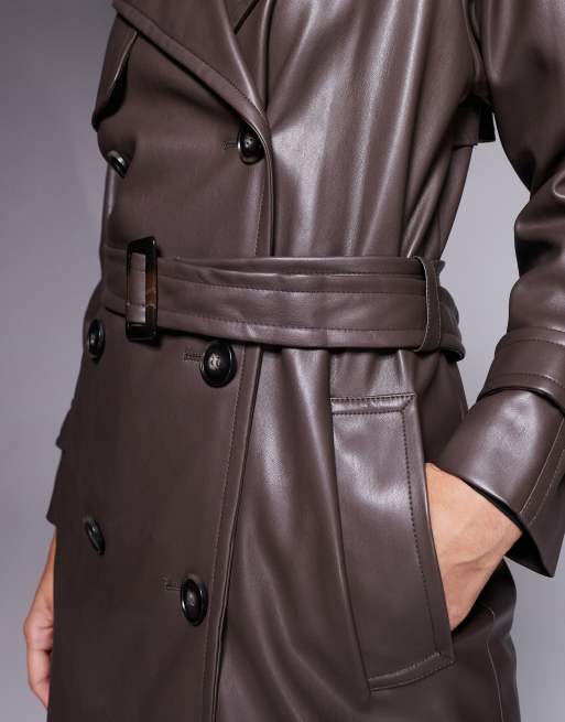 River Island faux leather faux leather trench coat in dark brown, 3 of 4